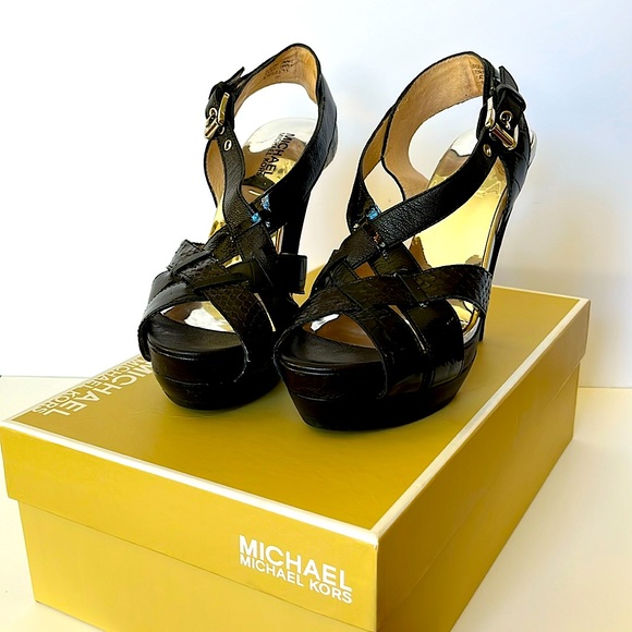 Michael Michael Kors Black Niki Cross Strap Heels Sz 6 Genuine Snake Leather - Picture 1 of 8